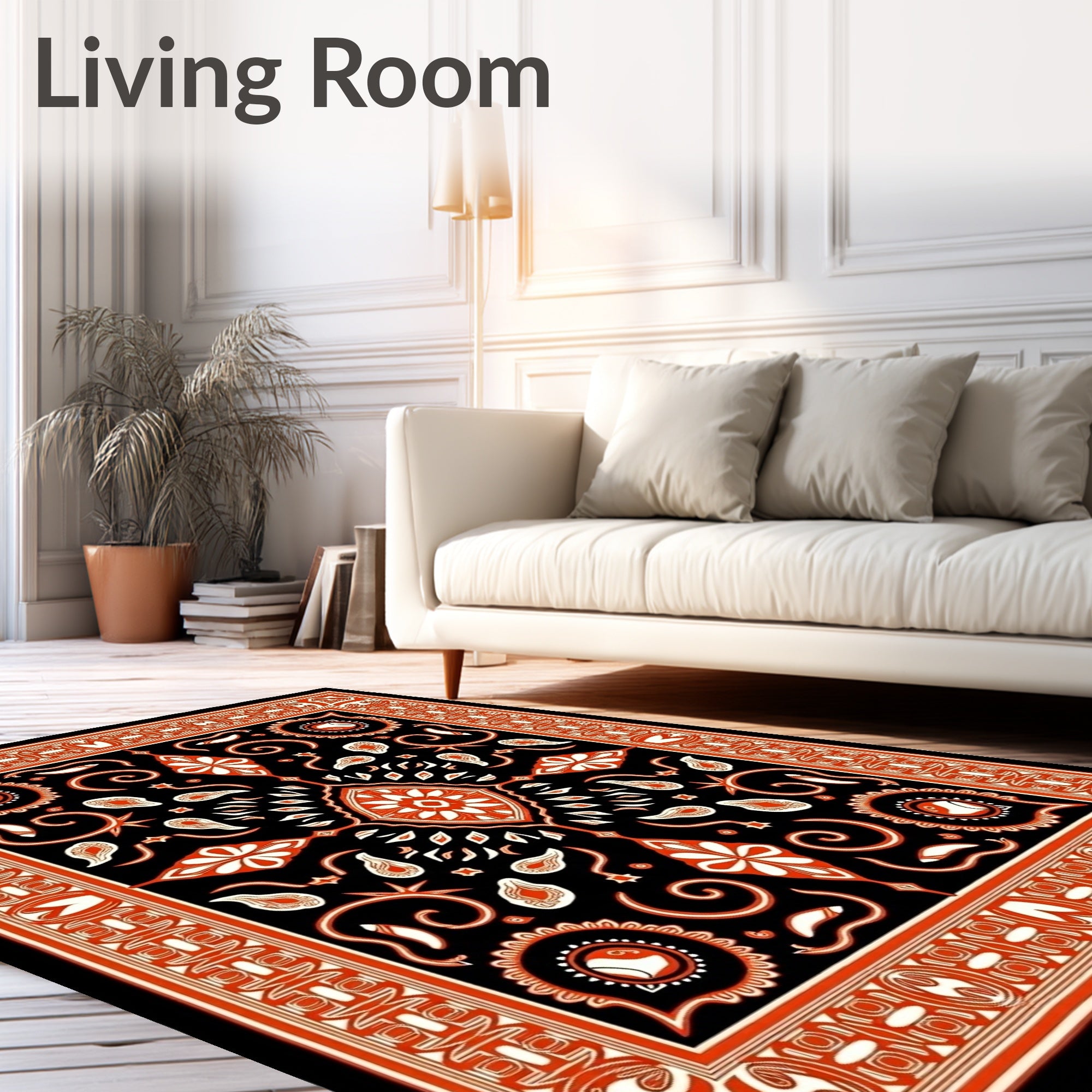 Black Orange Medallion Floral Swirl Rug