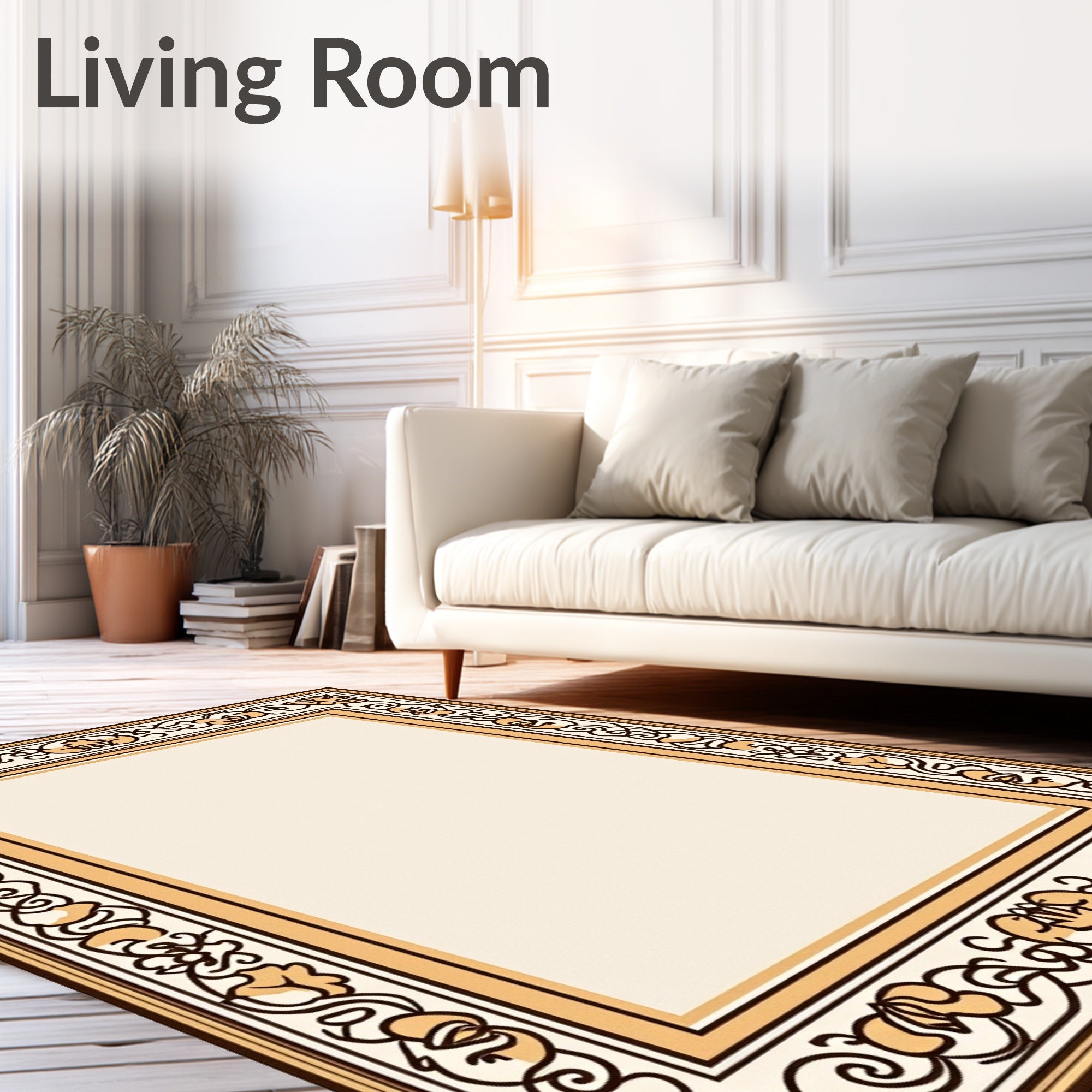 Ornate Ivory Floral Vine Border Rug