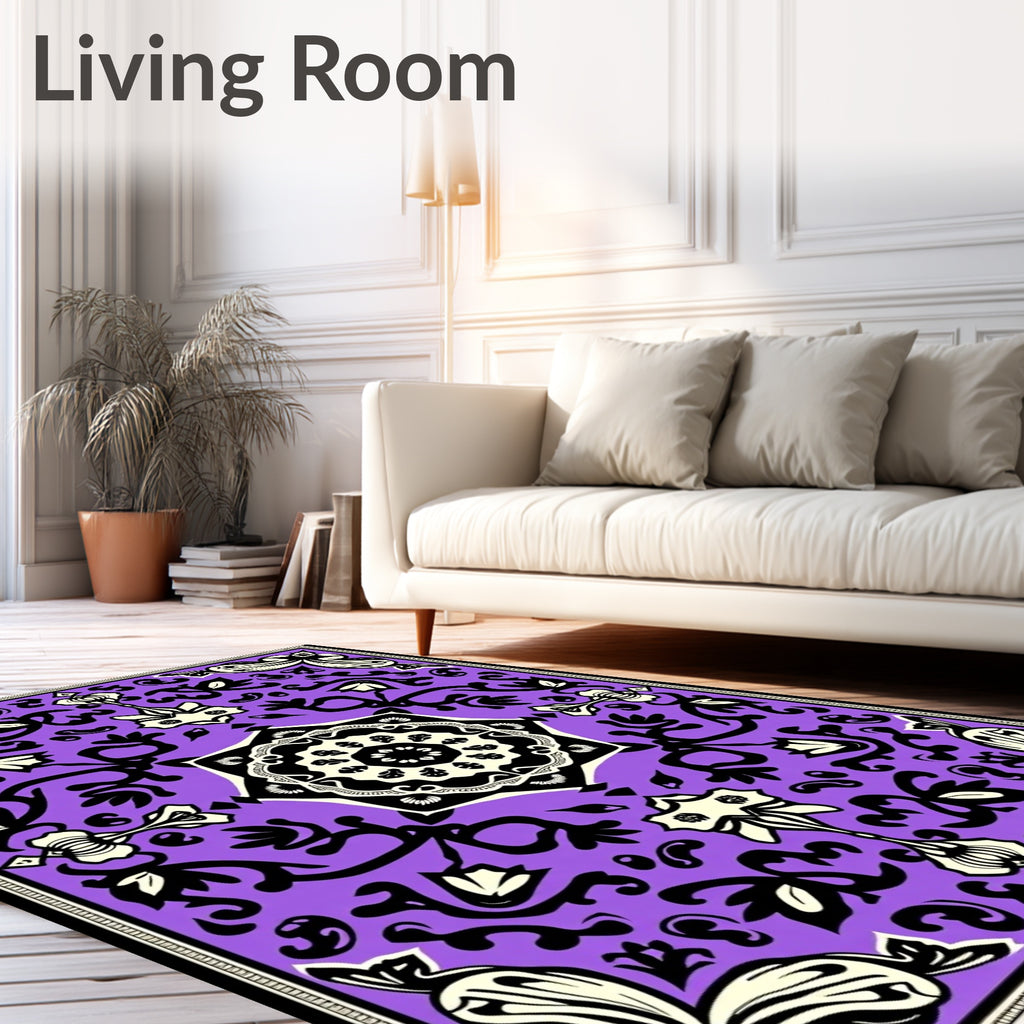 Purple Black White Floral Medallion Rug