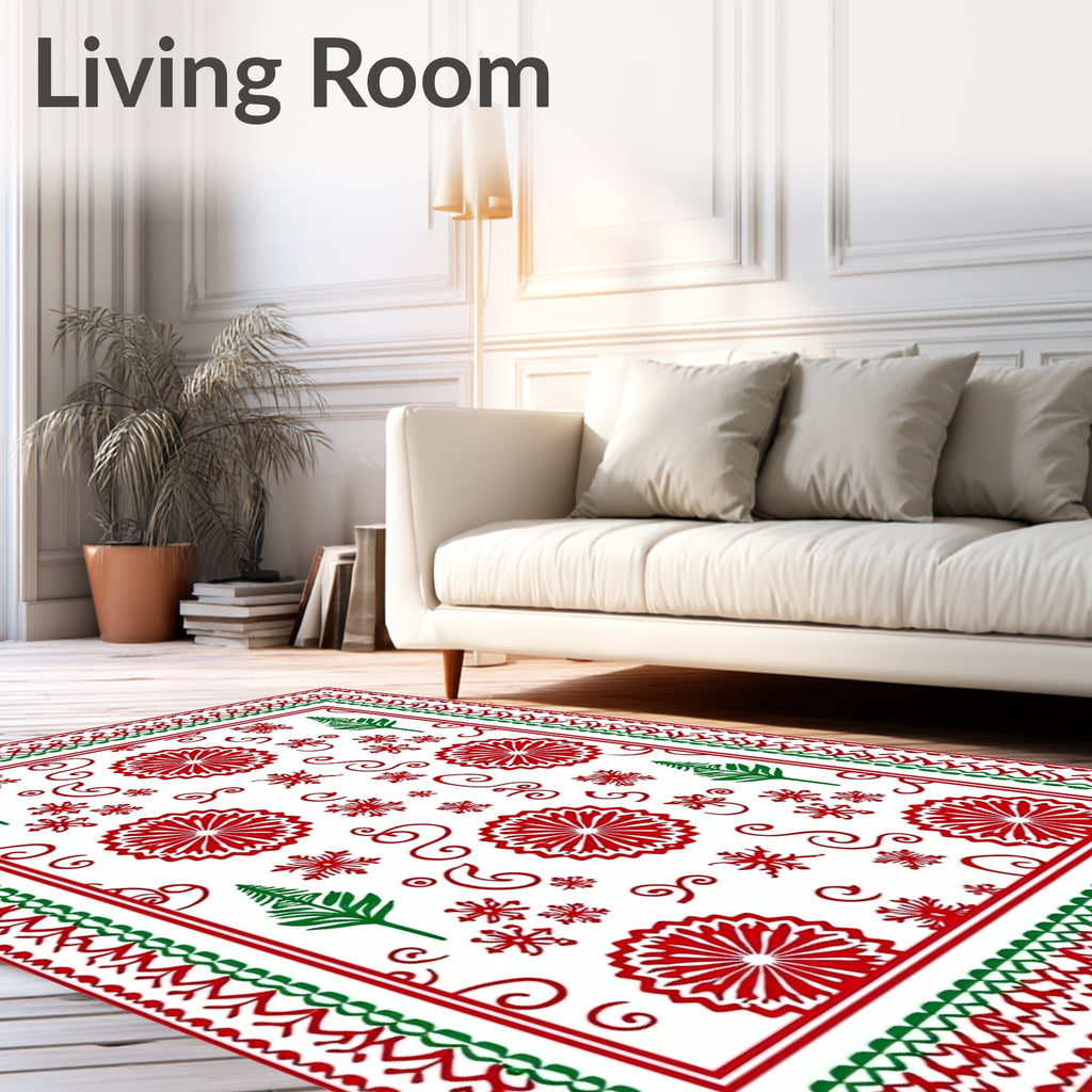 Red Green Snowflake Tree Medallion Border Rug