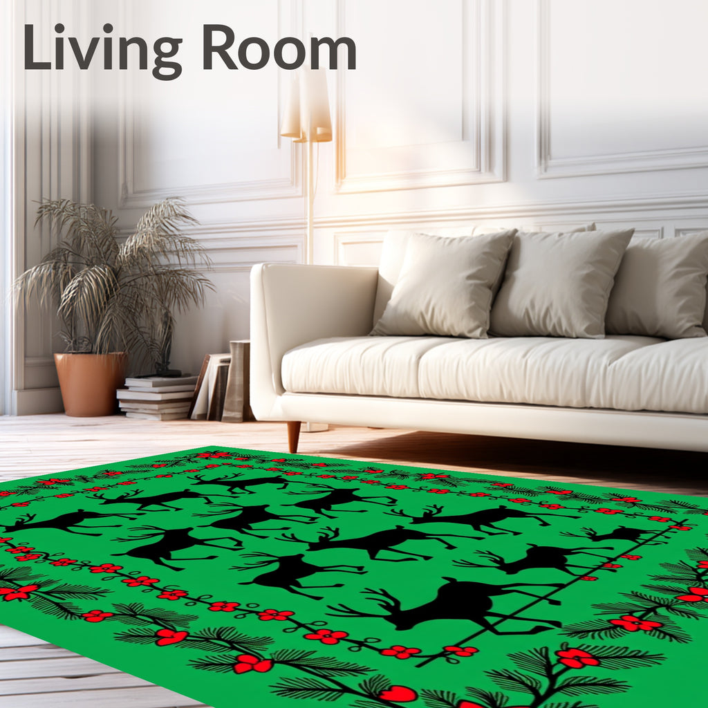 Green Red Floral Reindeer Christmas Rug