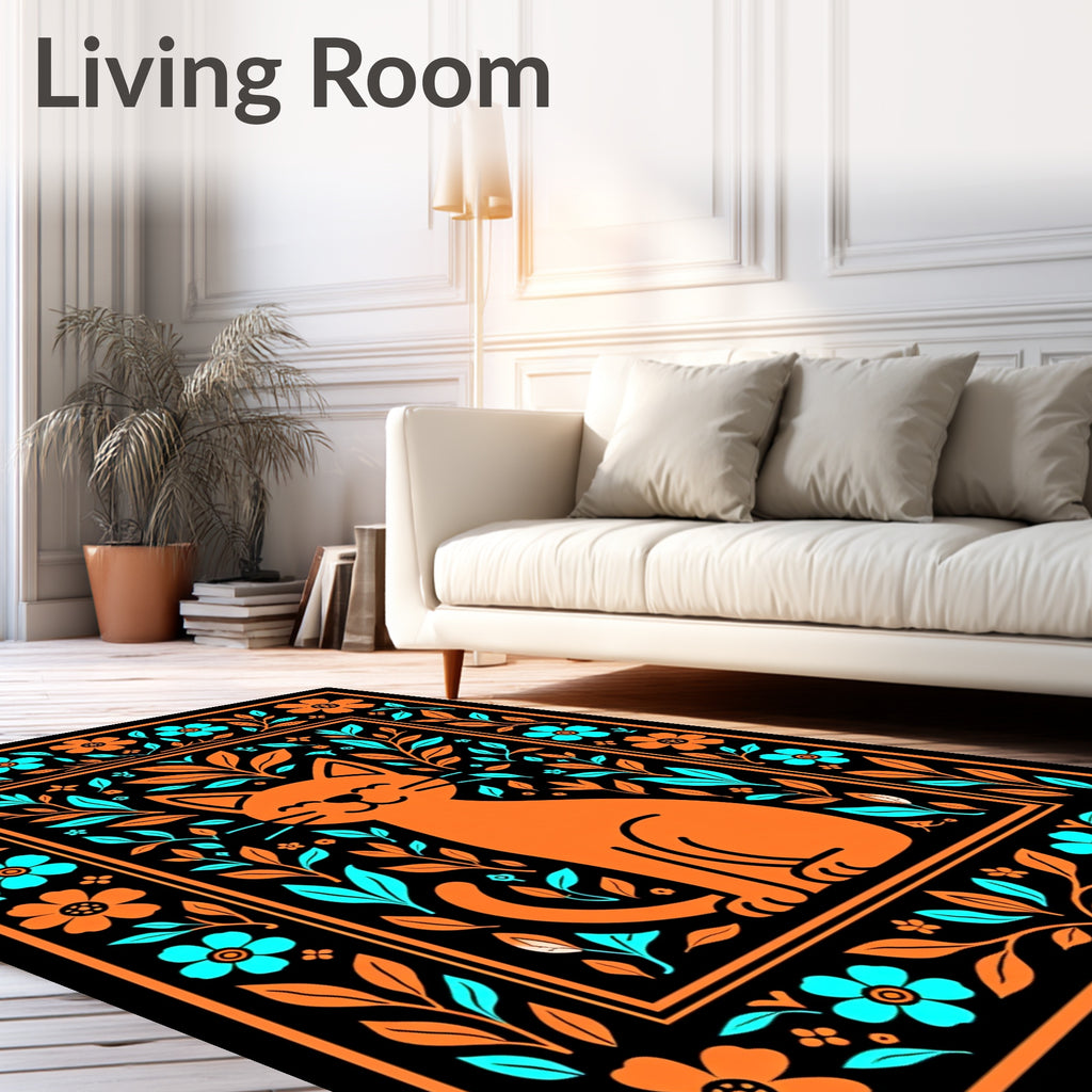 Whimsical Orange Cat Floral Border Rug