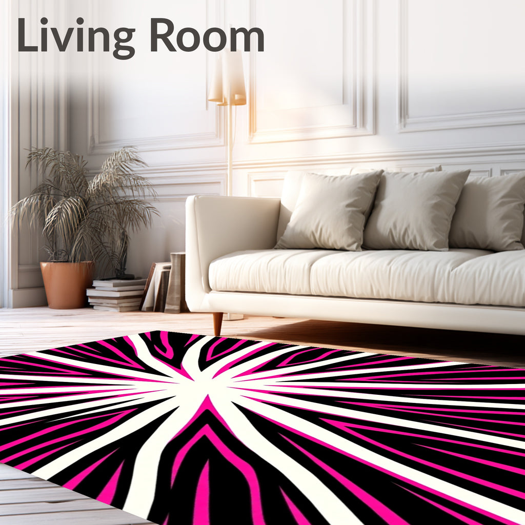 Vibrant Pink Black Sunburst Rays Rug
