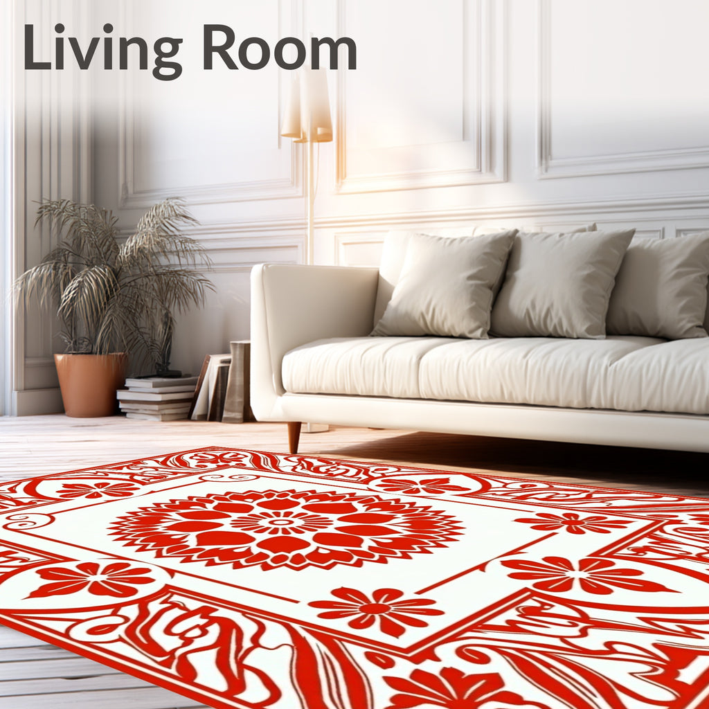 Bright Red Floral Medallion Frame Rug