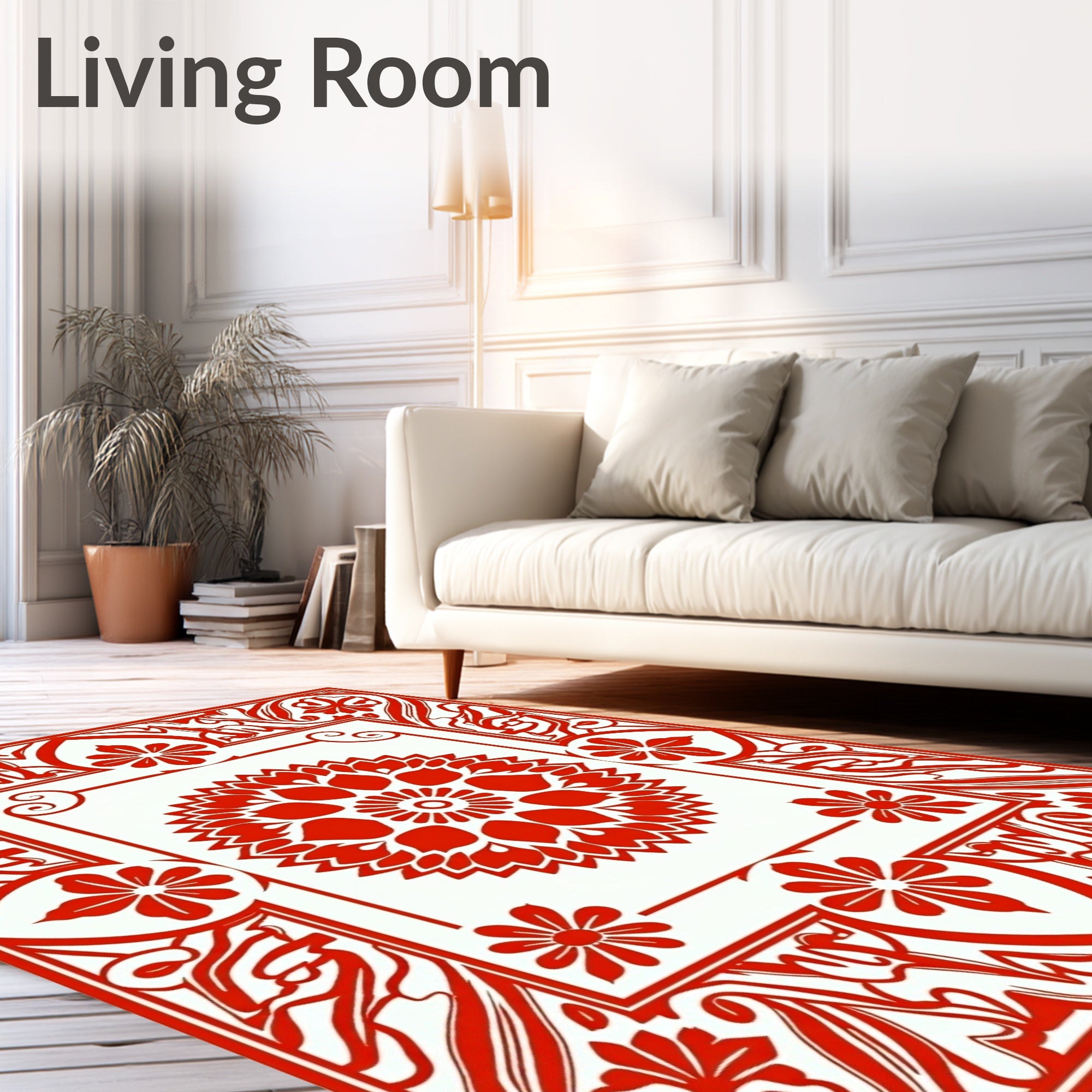 Bright Red Floral Medallion Frame Rug