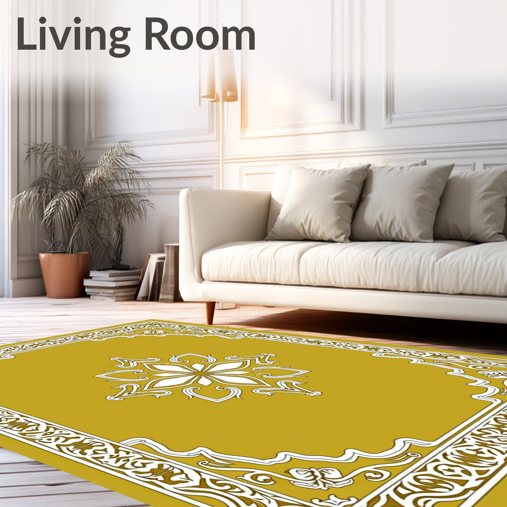 Golden Ochre Ornate Floral Border Rug