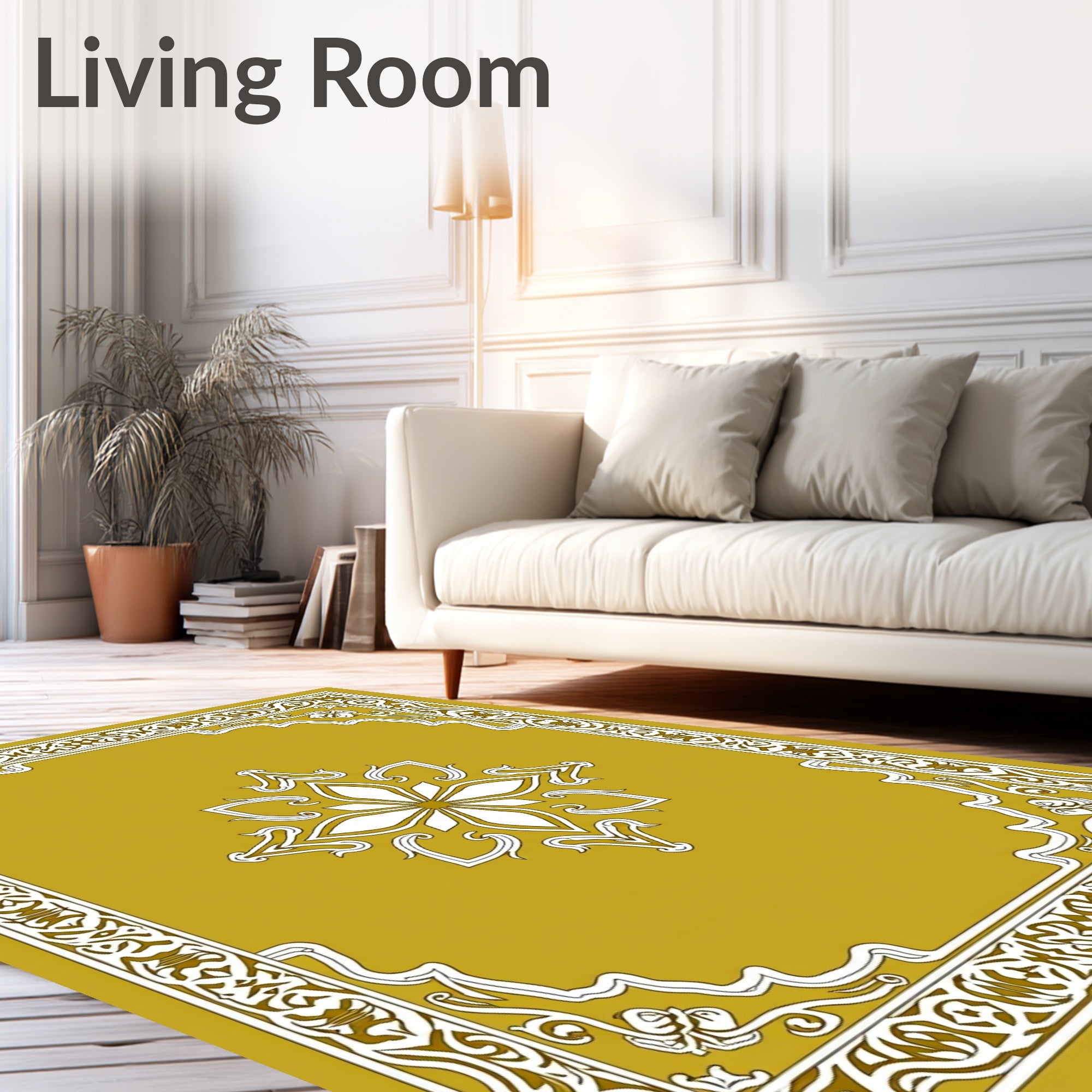 Golden Ochre Ornate Floral Border Rug