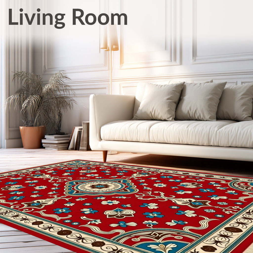 Ornate Red Floral Medallion Border Rug