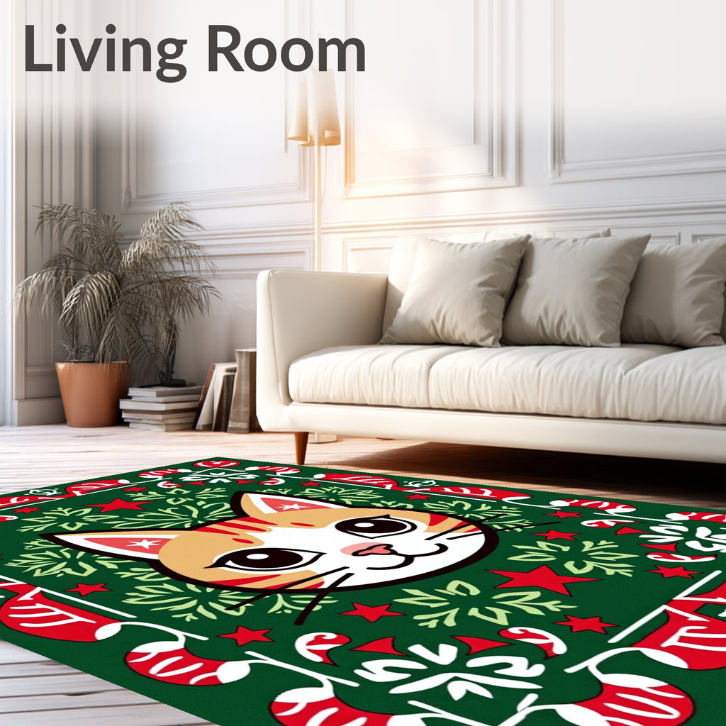Festive Orange Cat Green Red Border Rug