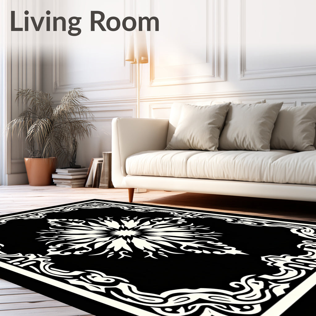 Ornate Ivory Floral Medallion Black Rug