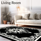 Ornate Ivory Floral Medallion Black Rug
