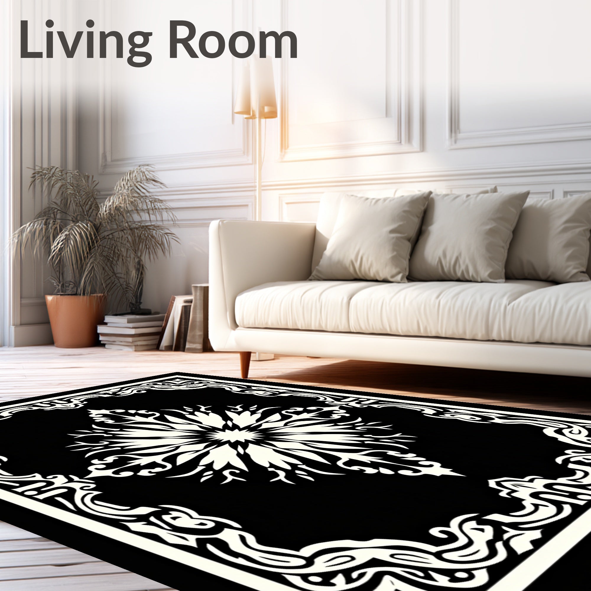 Ornate Ivory Floral Medallion Black Rug