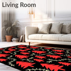 Red Evergreen Branches on Black Rug