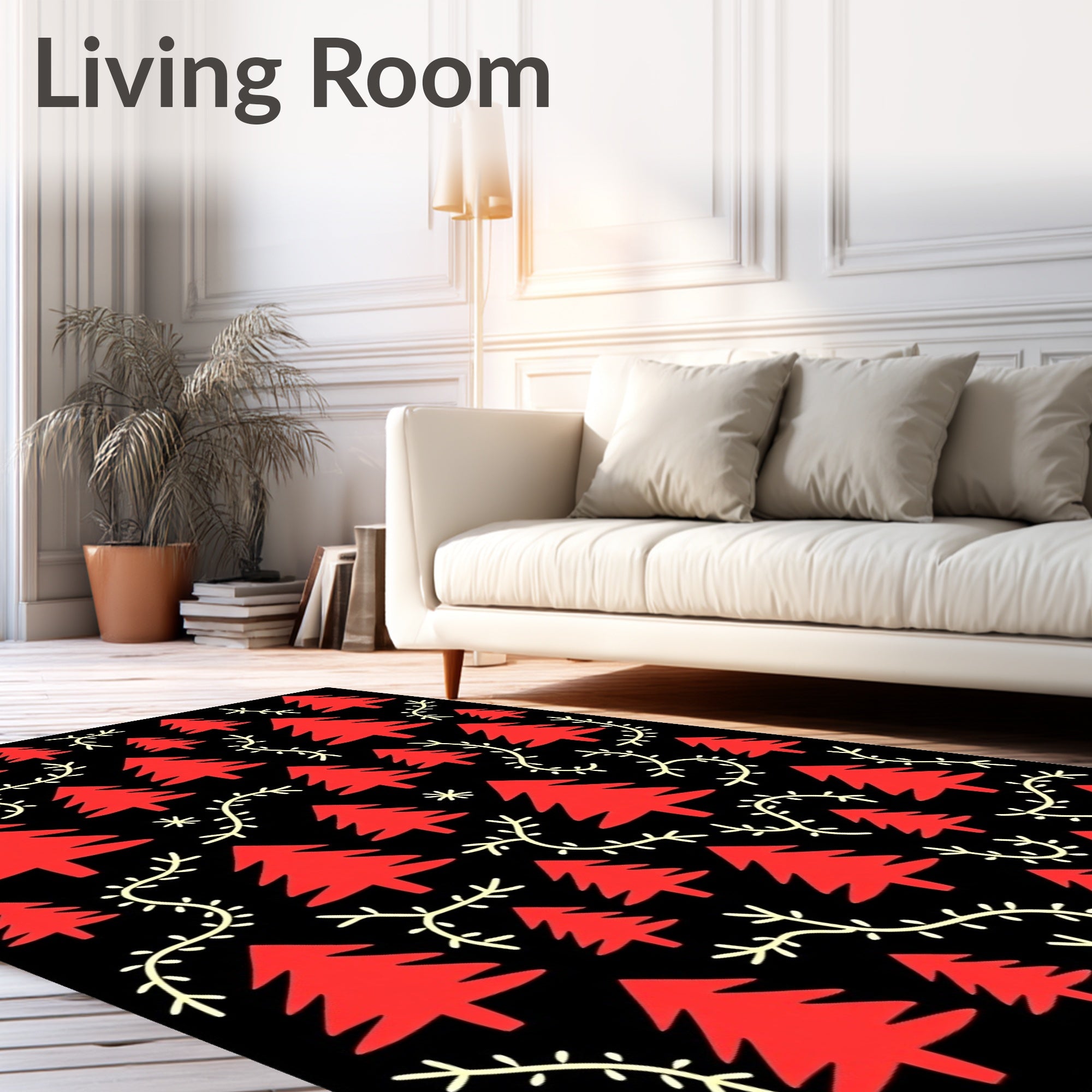 Red Evergreen Branches on Black Rug