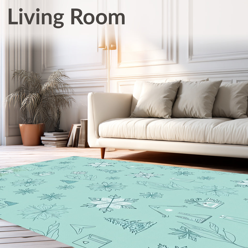 Mint Green Snowflake Winter Scene Rug