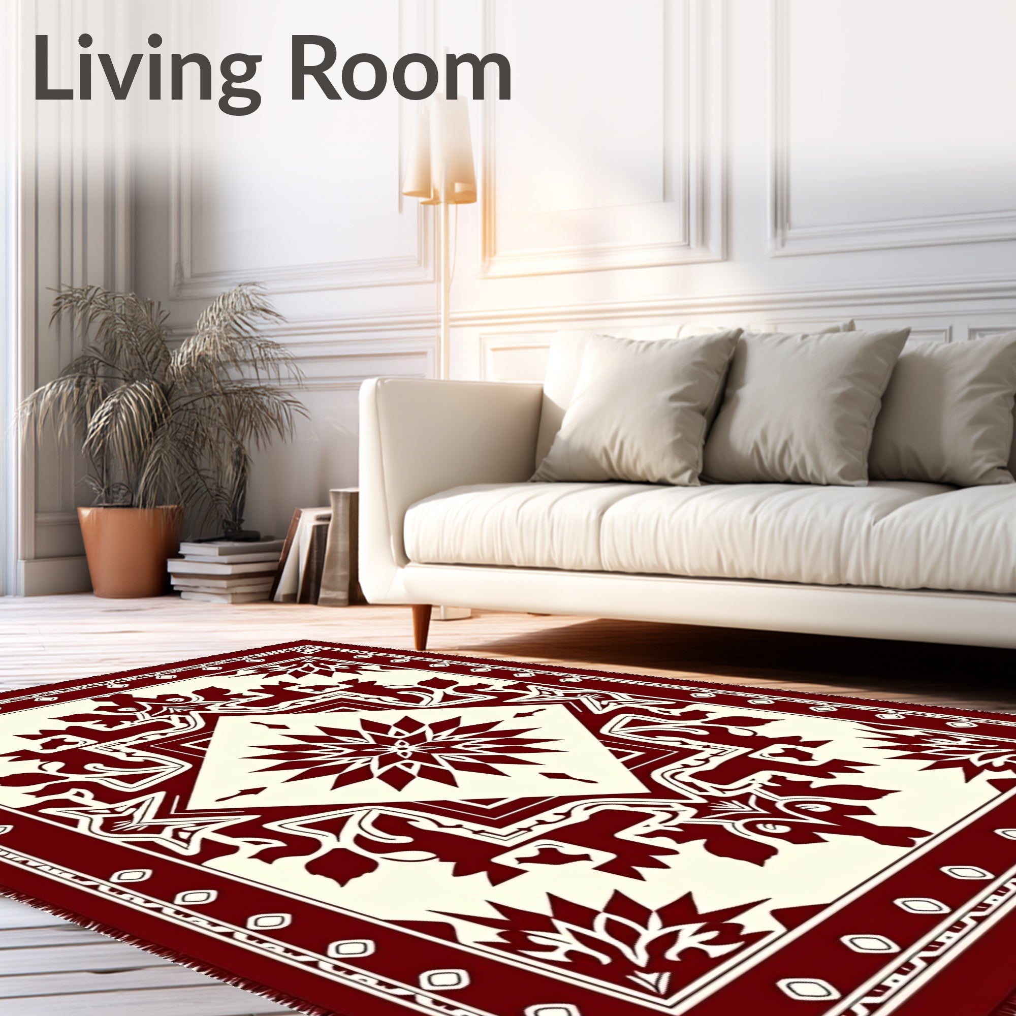 Crimson Ivory Geometric Starburst Medallion Rug