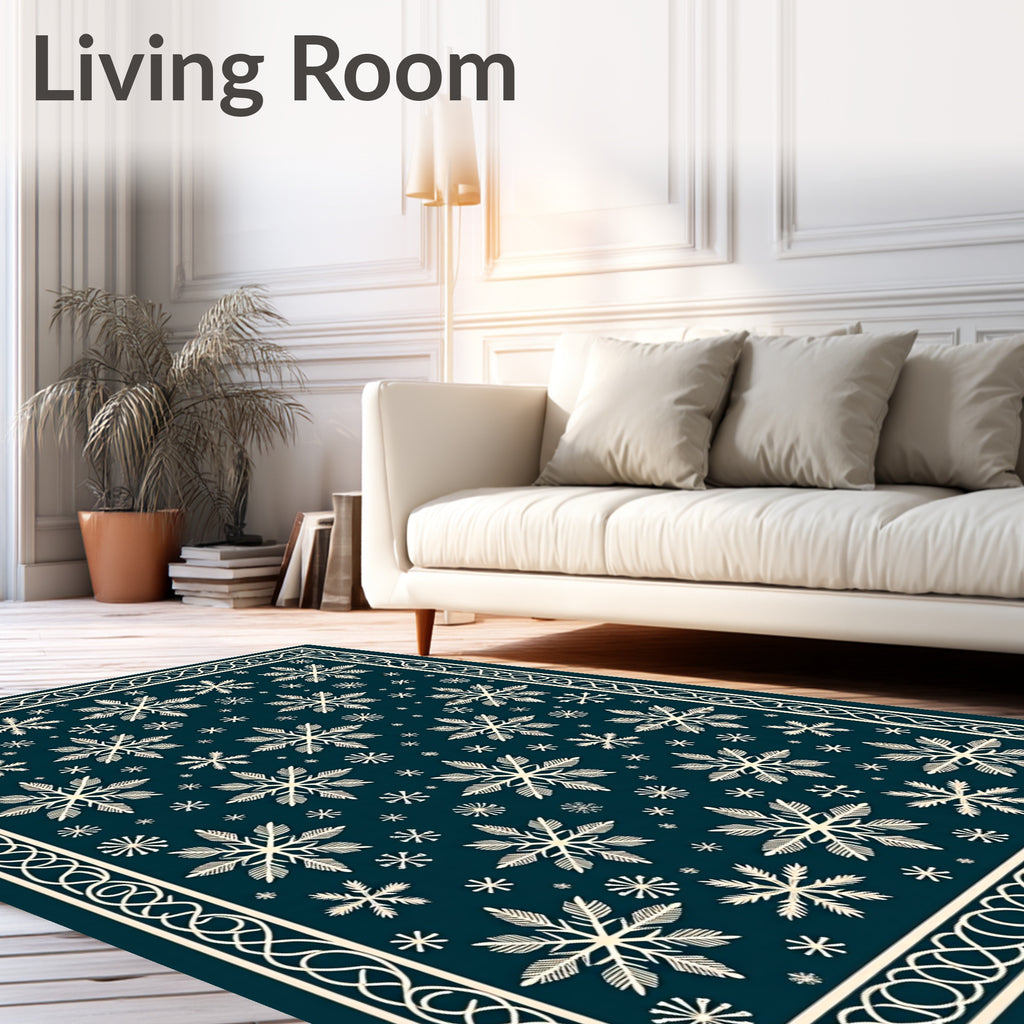 Cream Snowflakes On Dark Teal Background Rug