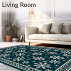 Cream Snowflakes On Dark Teal Background Rug