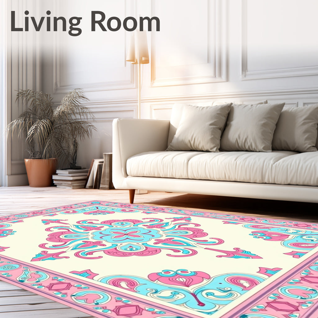 Whimsical Pink Cyan Floral Medallion Rug