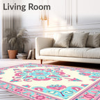 Whimsical Pink Cyan Floral Medallion Rug