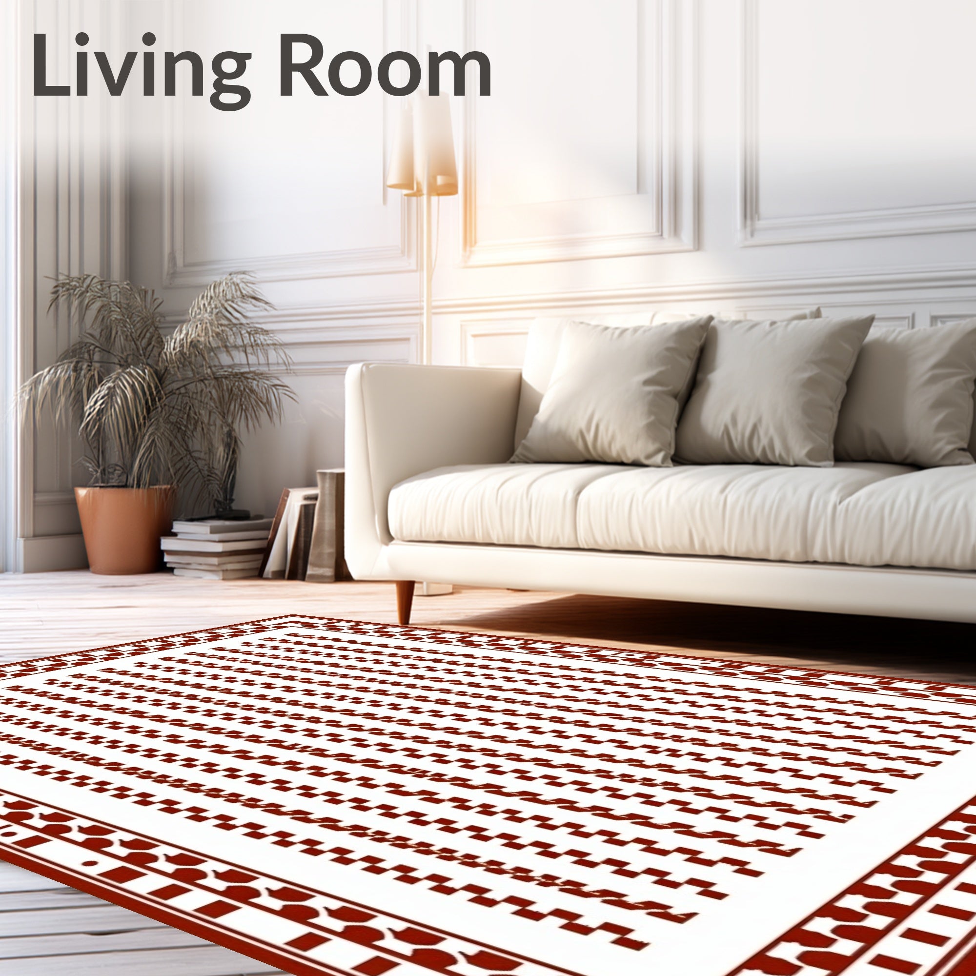 Crimson Red Geometric Stripe Border Rug