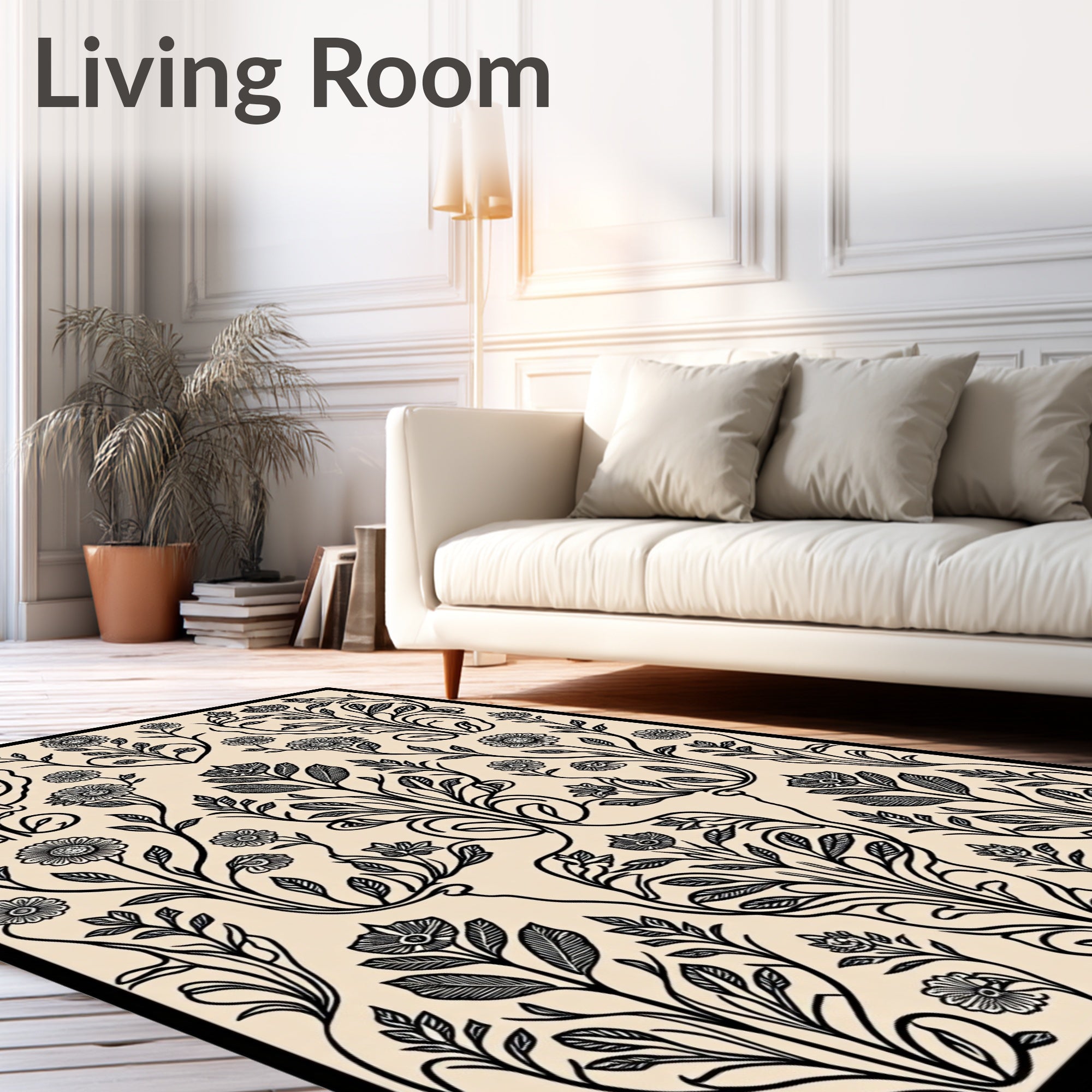 Elegant Black Floral Symmetry Arrangement Rug