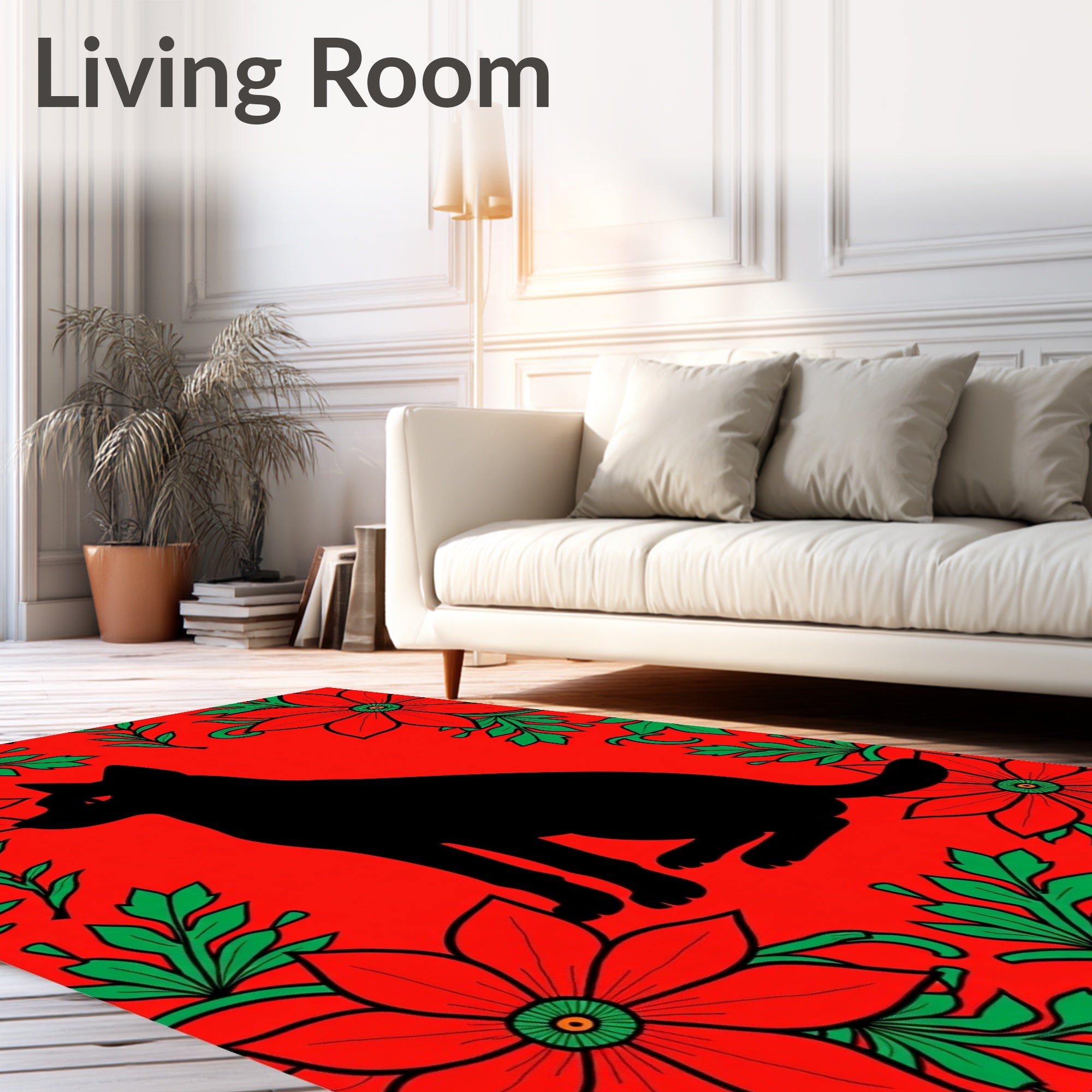 Black Cat Red Floral Garden Rug