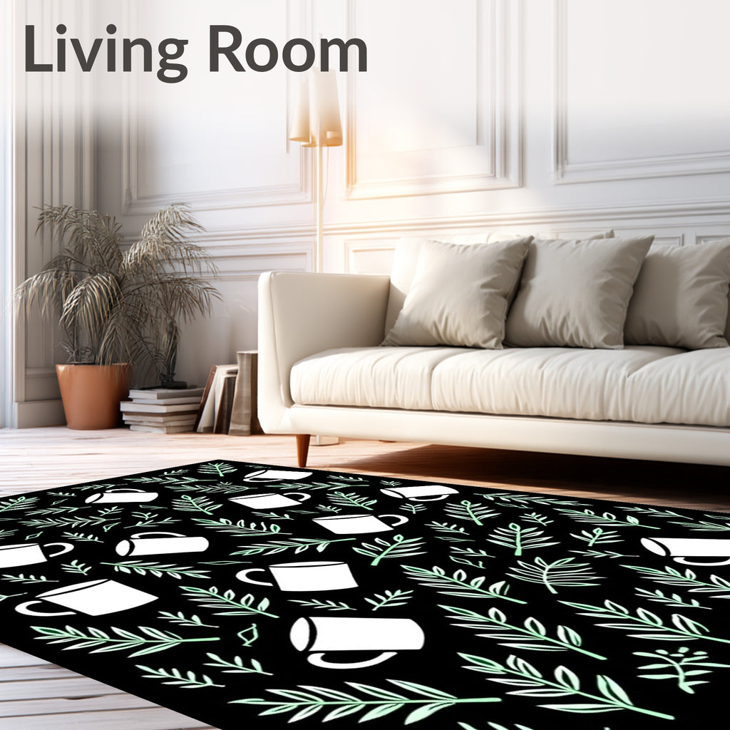 Coffee Tea Leaves Black Background Rug