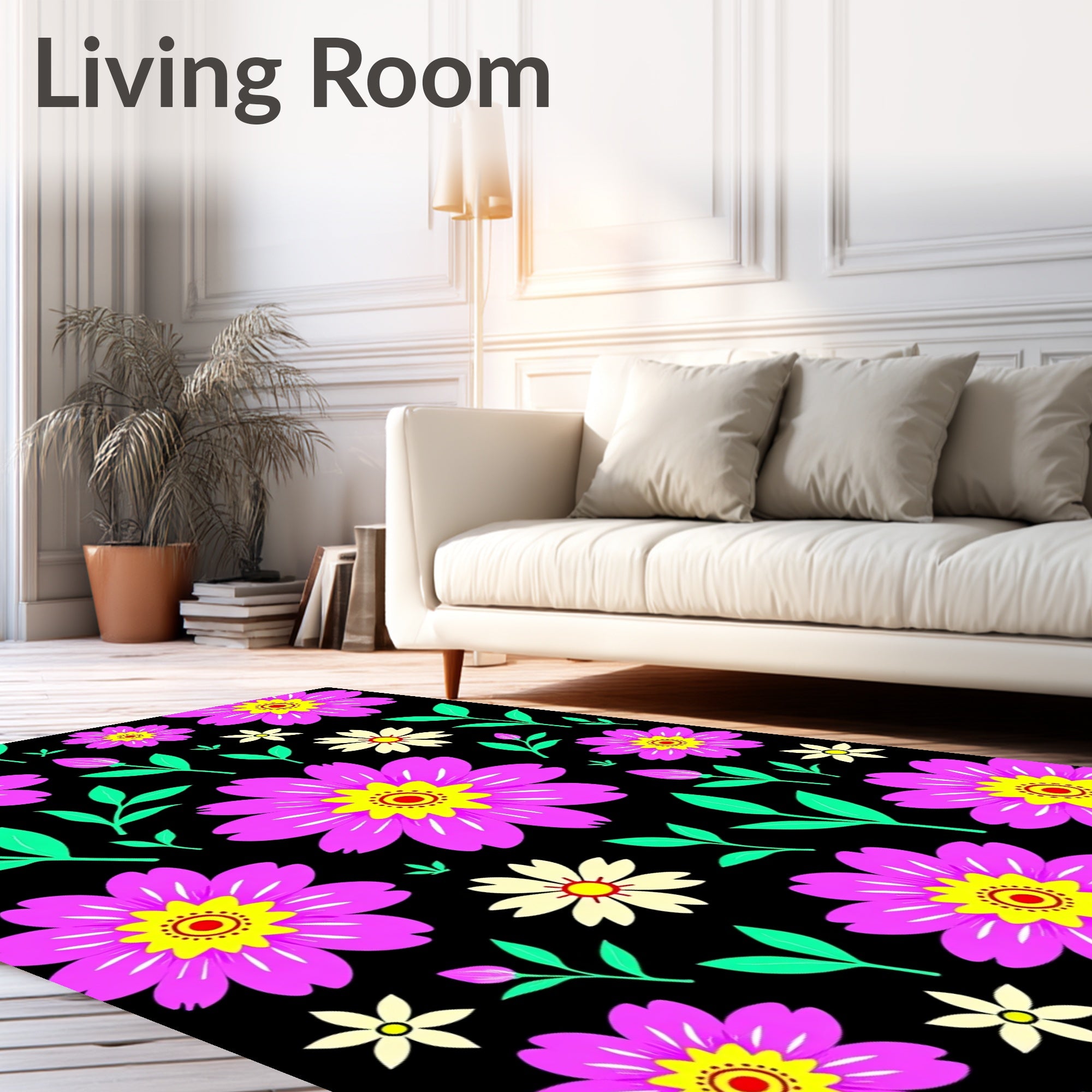 Vibrant Pink Yellow Flower Garden Rug