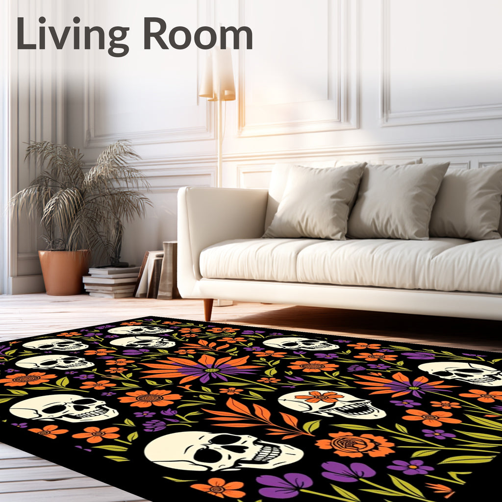 Skulls And Orange Floral Print Rug