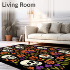 Skulls And Orange Floral Print Rug