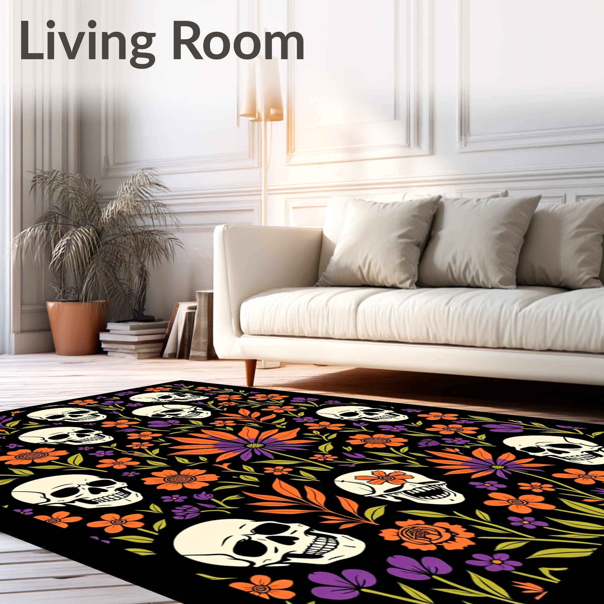 Skulls And Orange Floral Print Rug