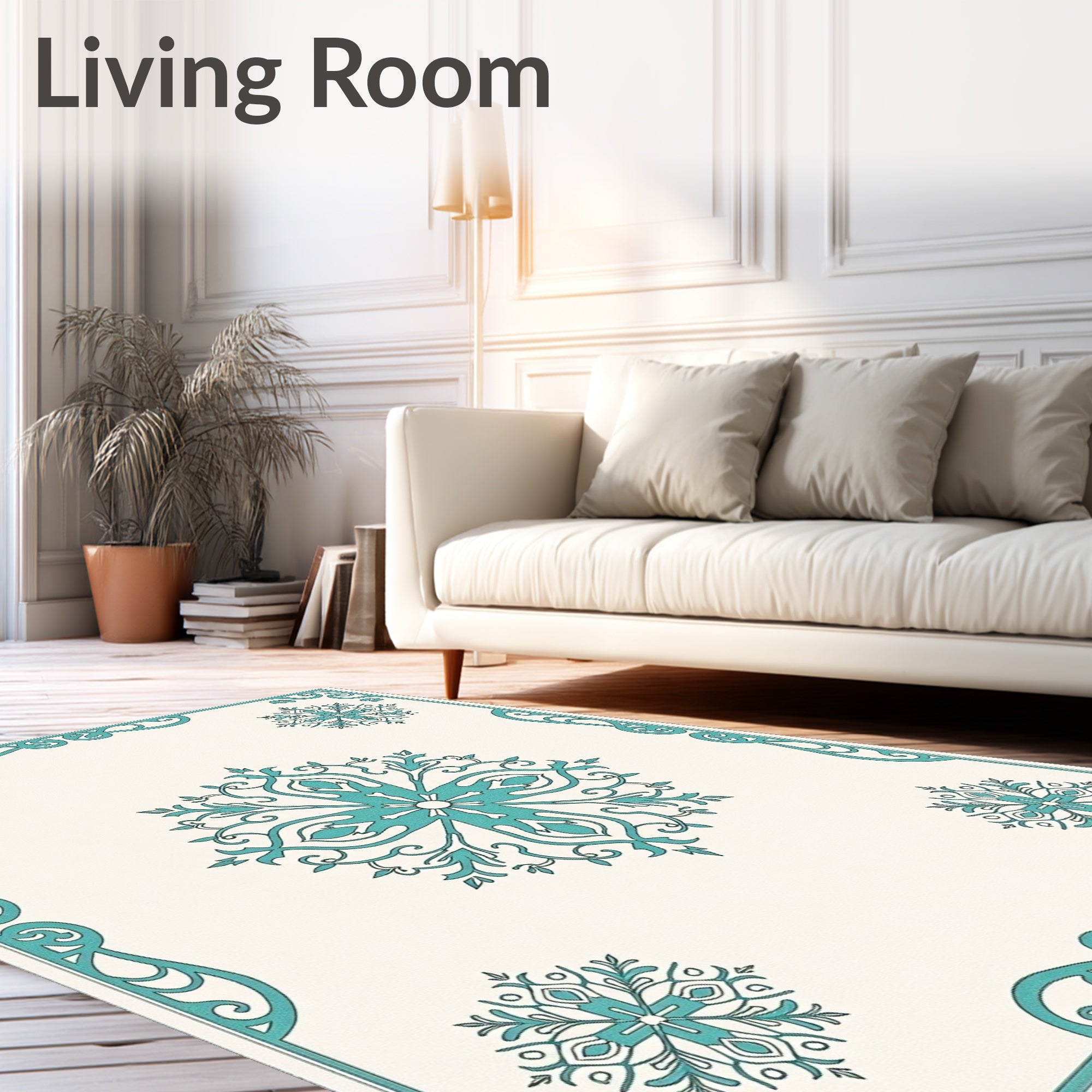 Turquoise Medallion Floral Border Cream Rug