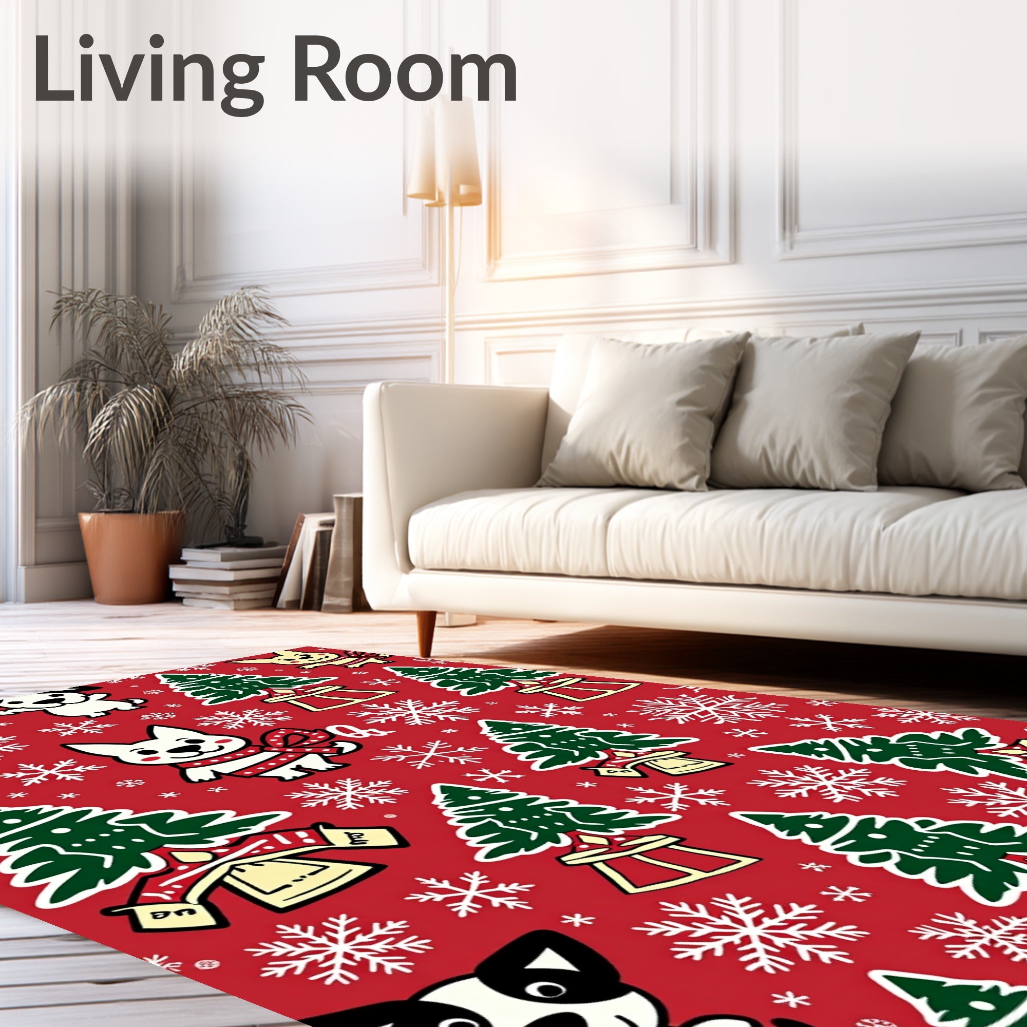 Festive Red Christmas Dogs Snowflakes Trees Rug