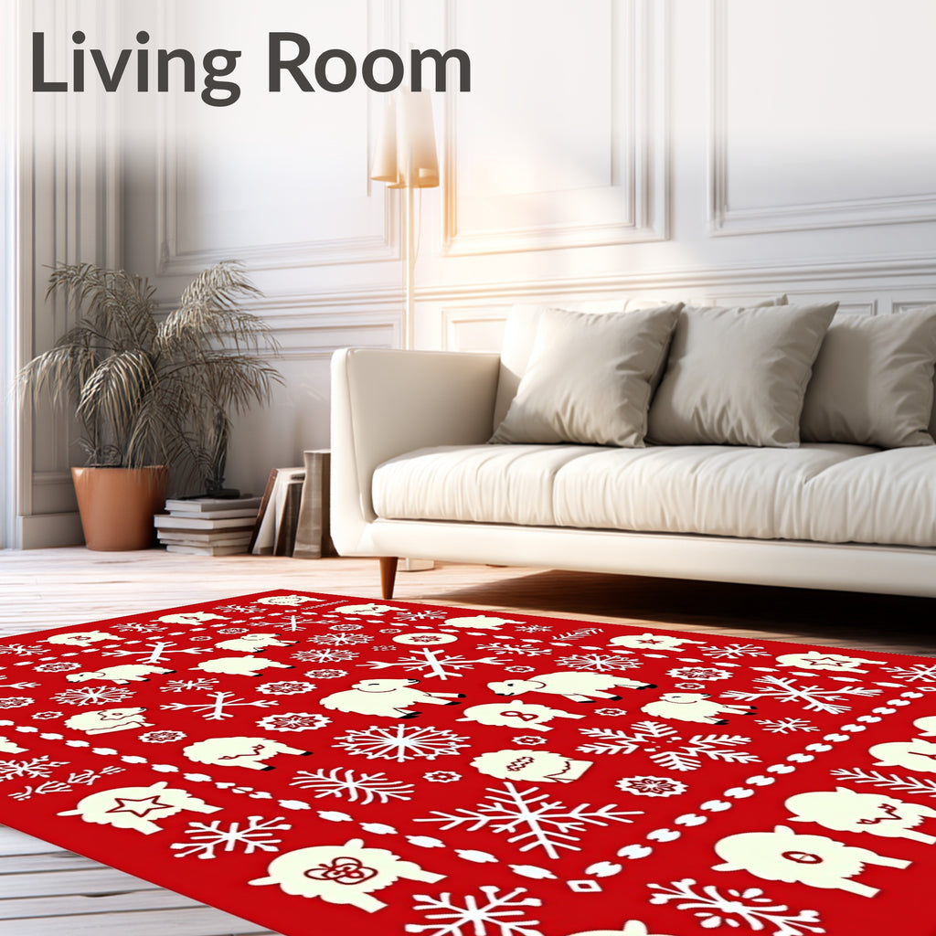 Cream Sheep Snowflakes Red Field Rug