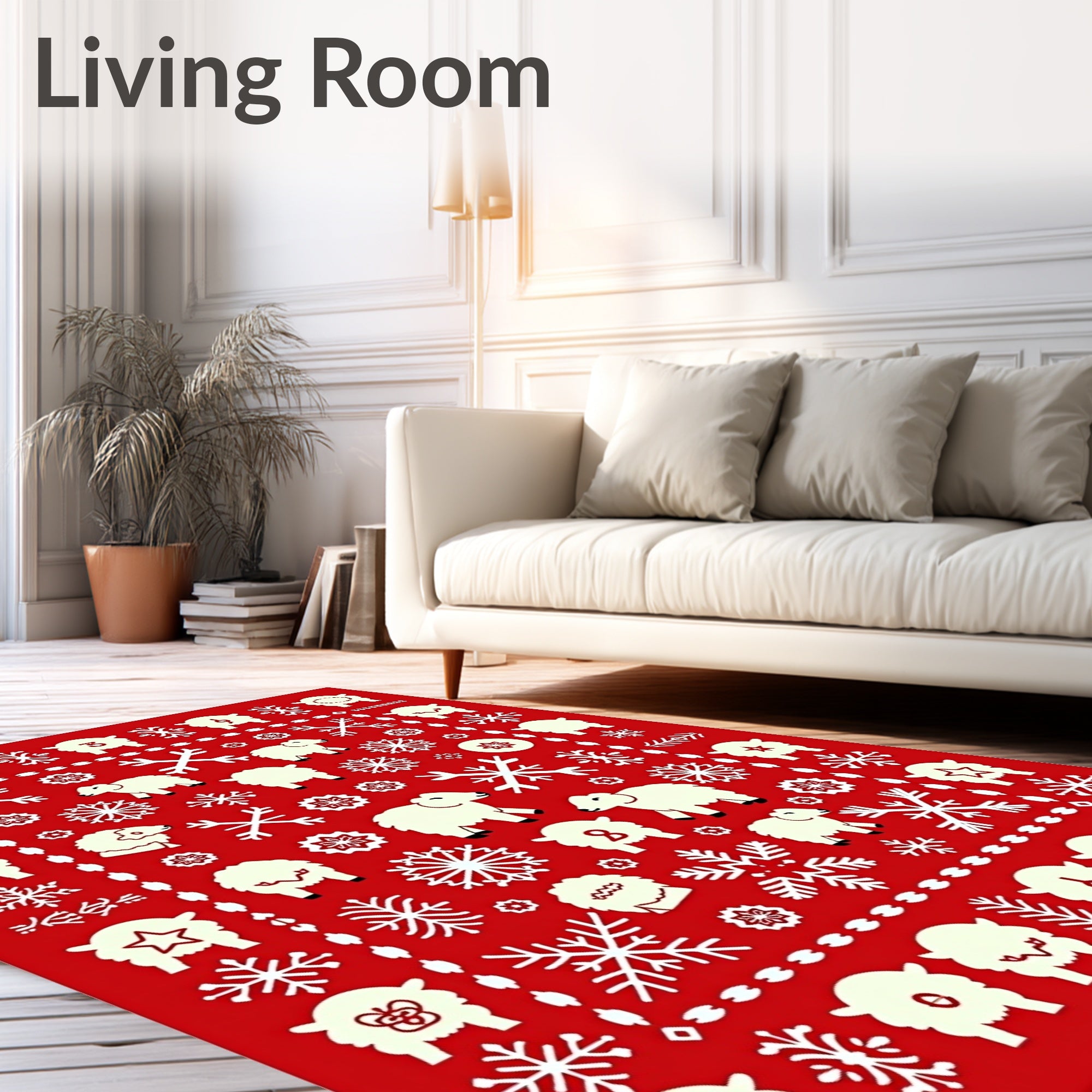 Cream Sheep Snowflakes Red Field Rug