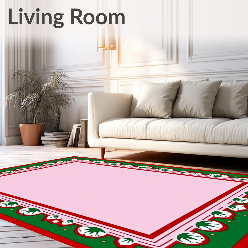 Red Green Floral Border Pink Center Rug