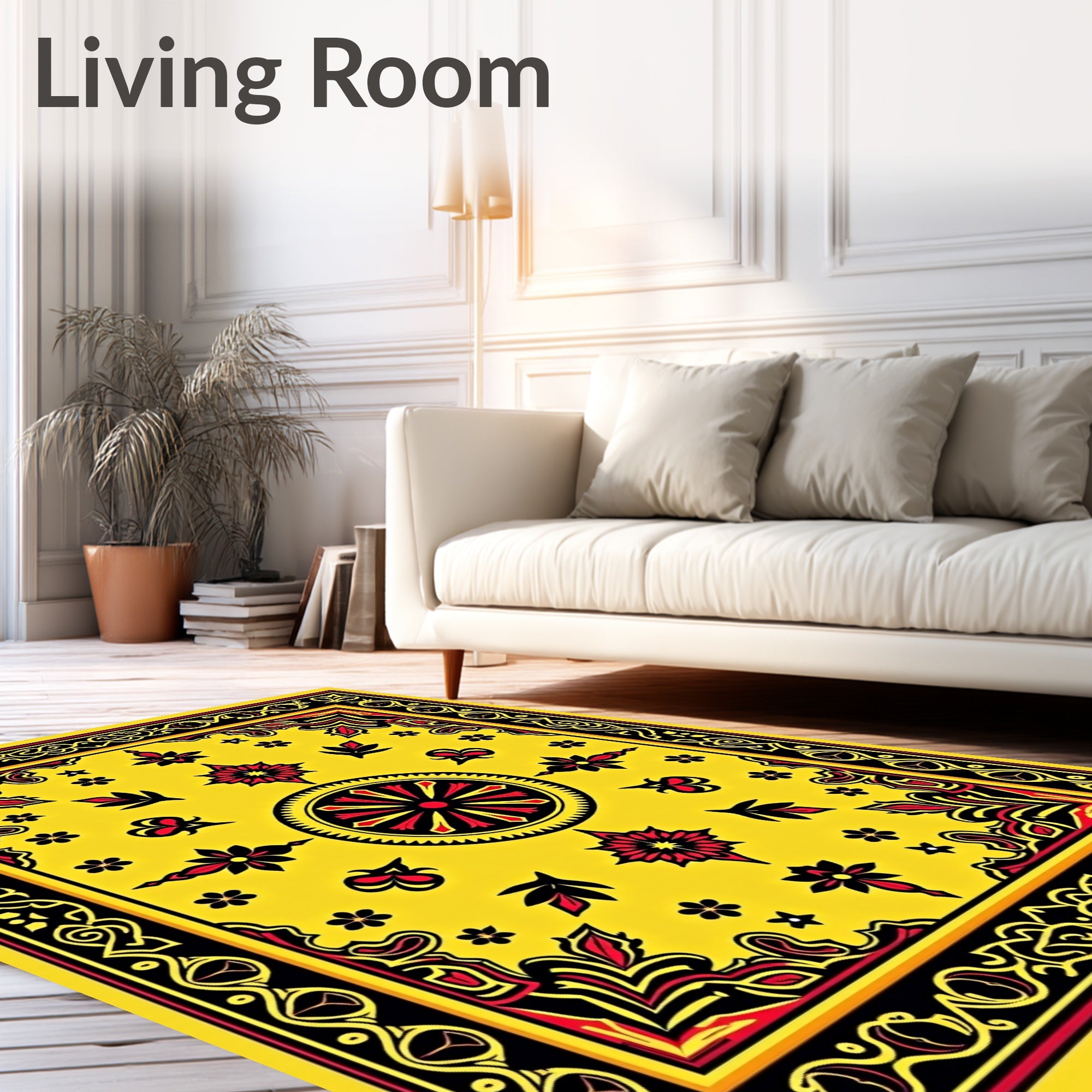 Bold Yellow Red Floral Medallion Sunburst Rug