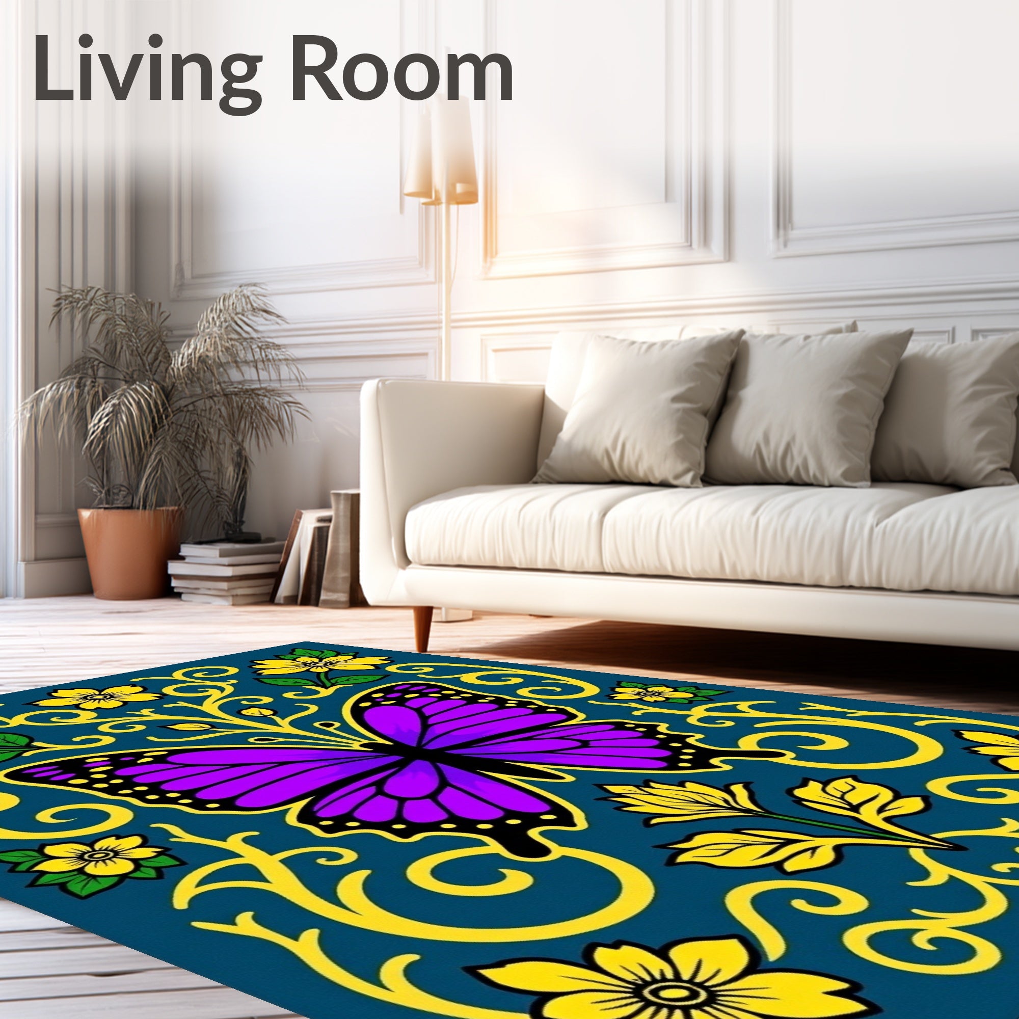 Majestic Purple Butterfly Yellow Floral Swirls Rug