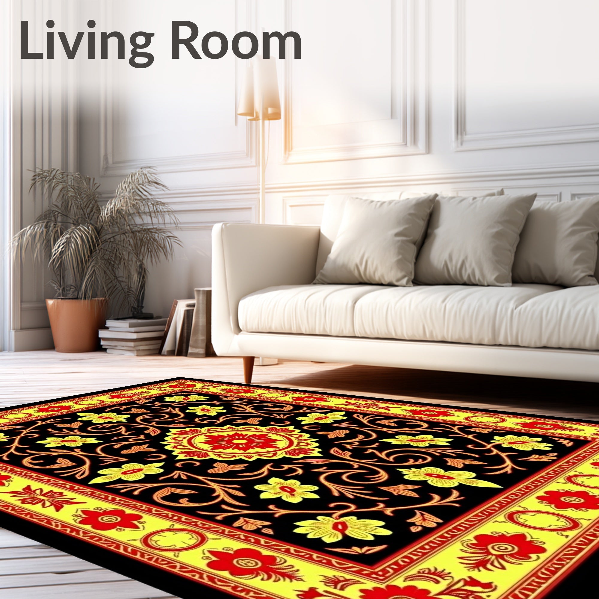 Vibrant Yellow Red Floral Medallion Garden Rug