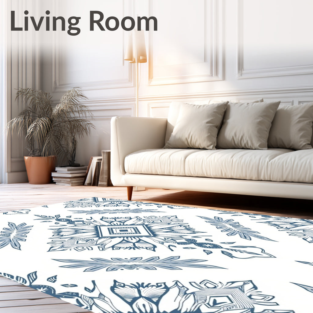 Blue White Floral Diamond Medallion Rug