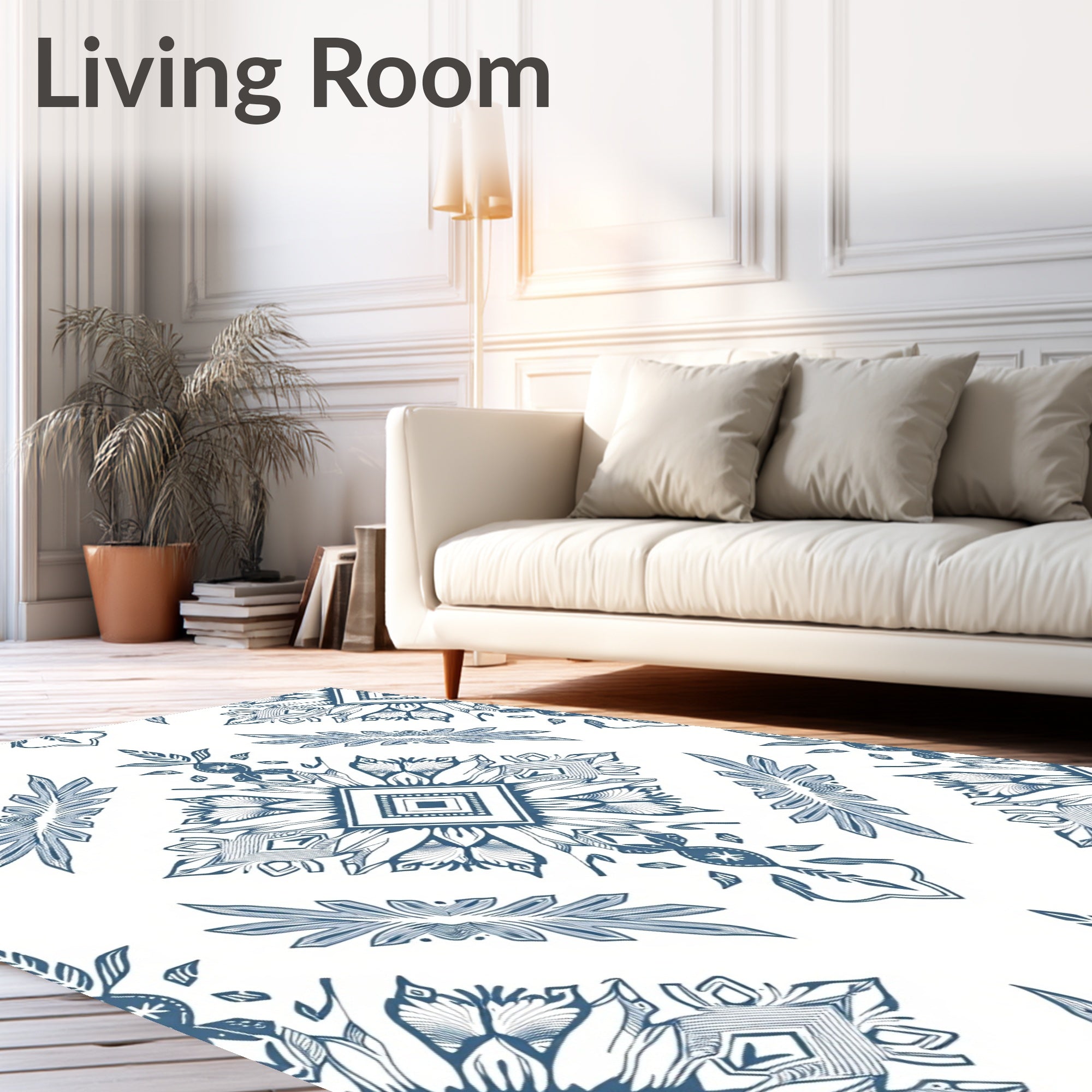 Blue White Floral Diamond Medallion Rug