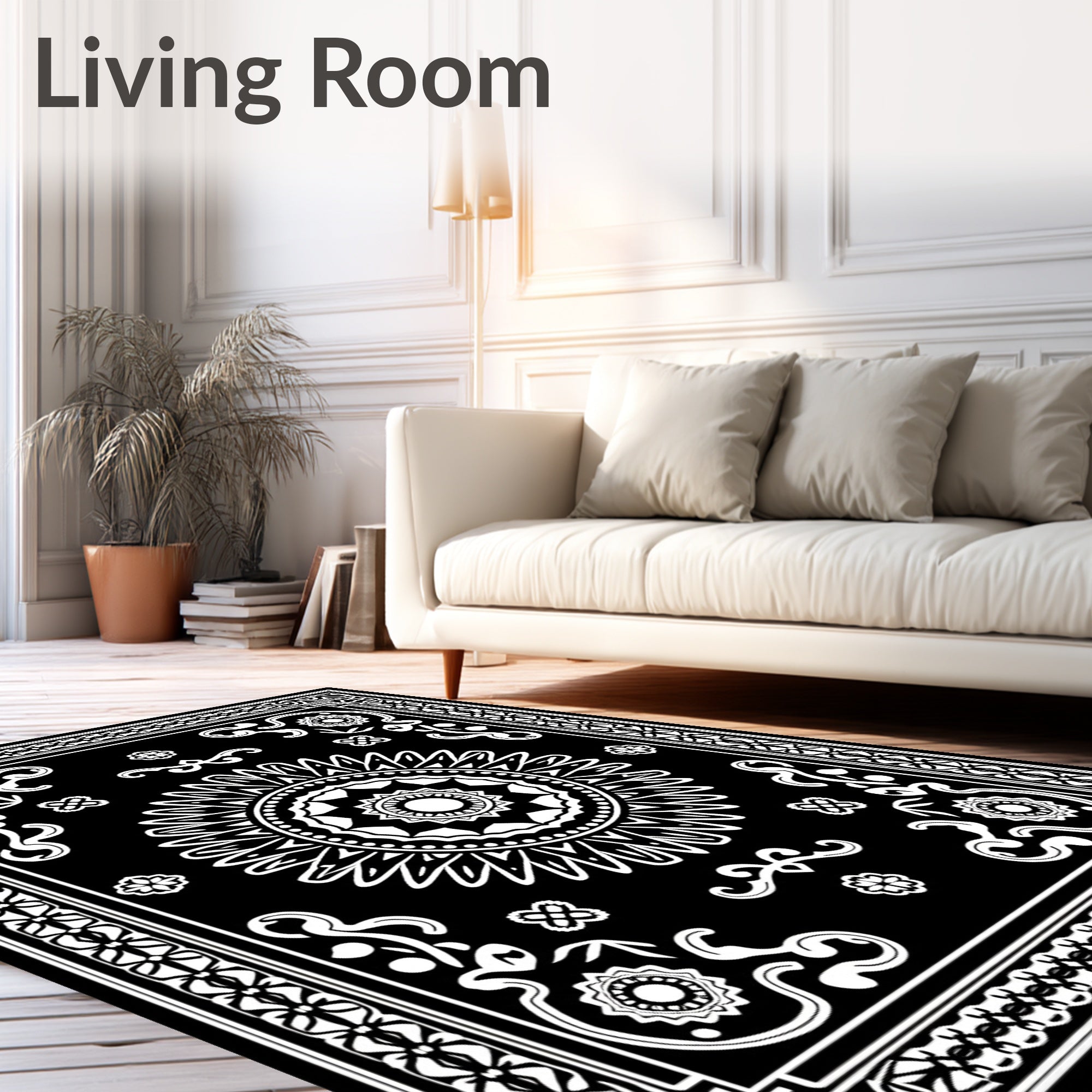 Black White Vintage Mandala Border Rug
