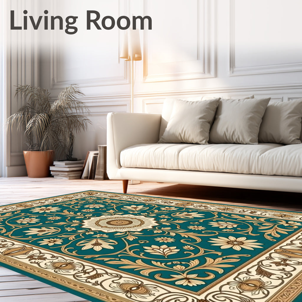 Vintage Teal Floral Scroll Medallion Rug