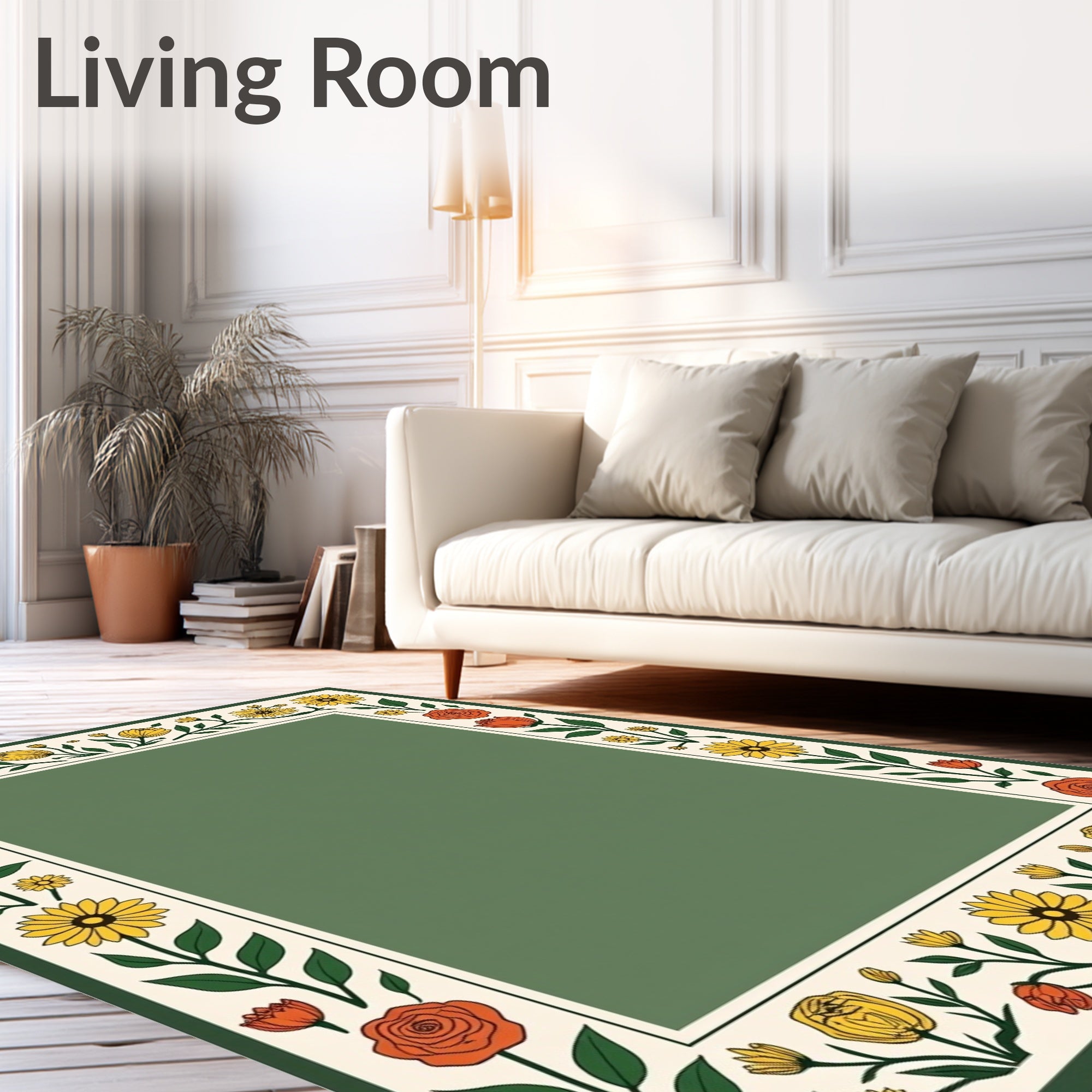 Yellow Orange Floral Vine Border Rug