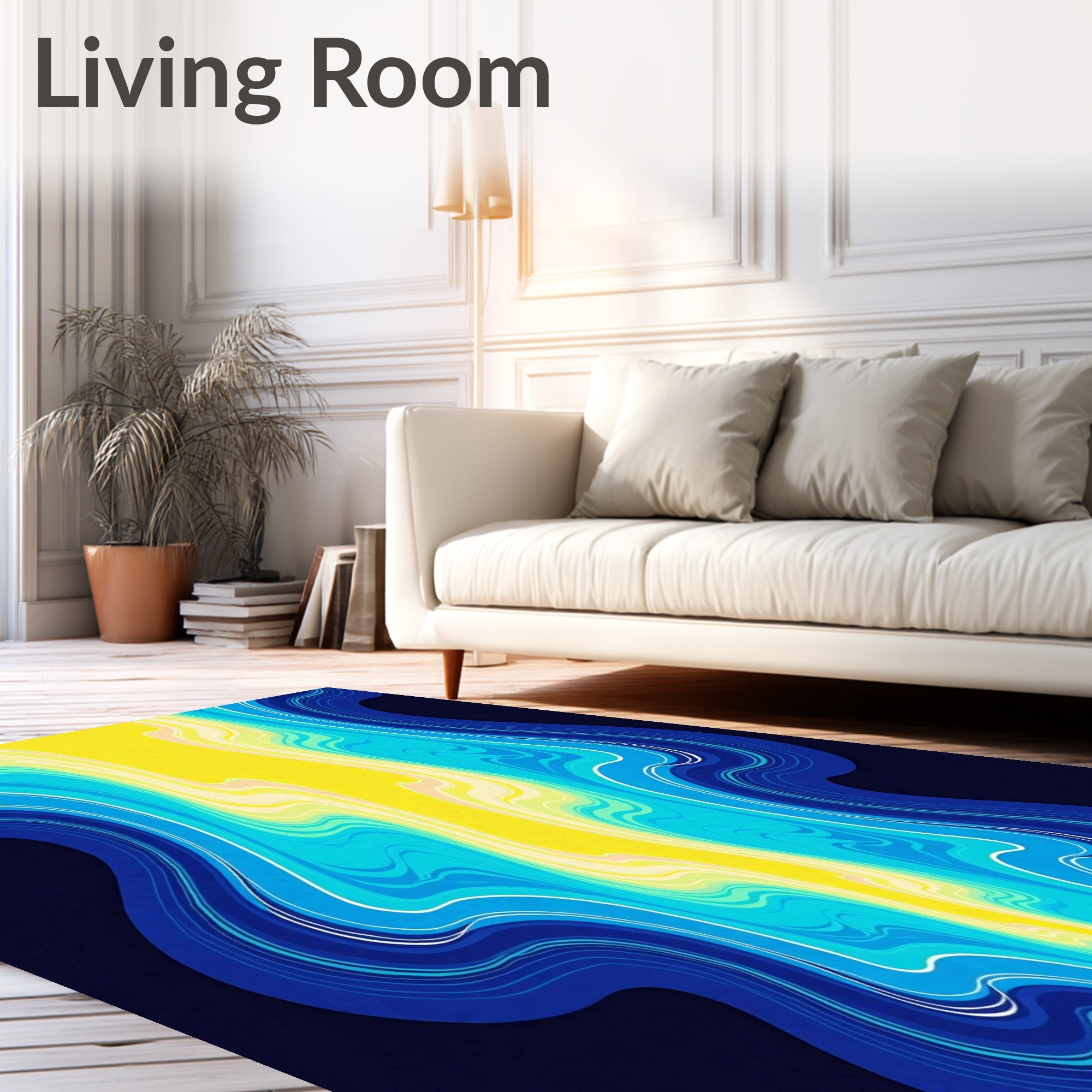 Dynamic Coastal Blue Yellow Swirl Rug