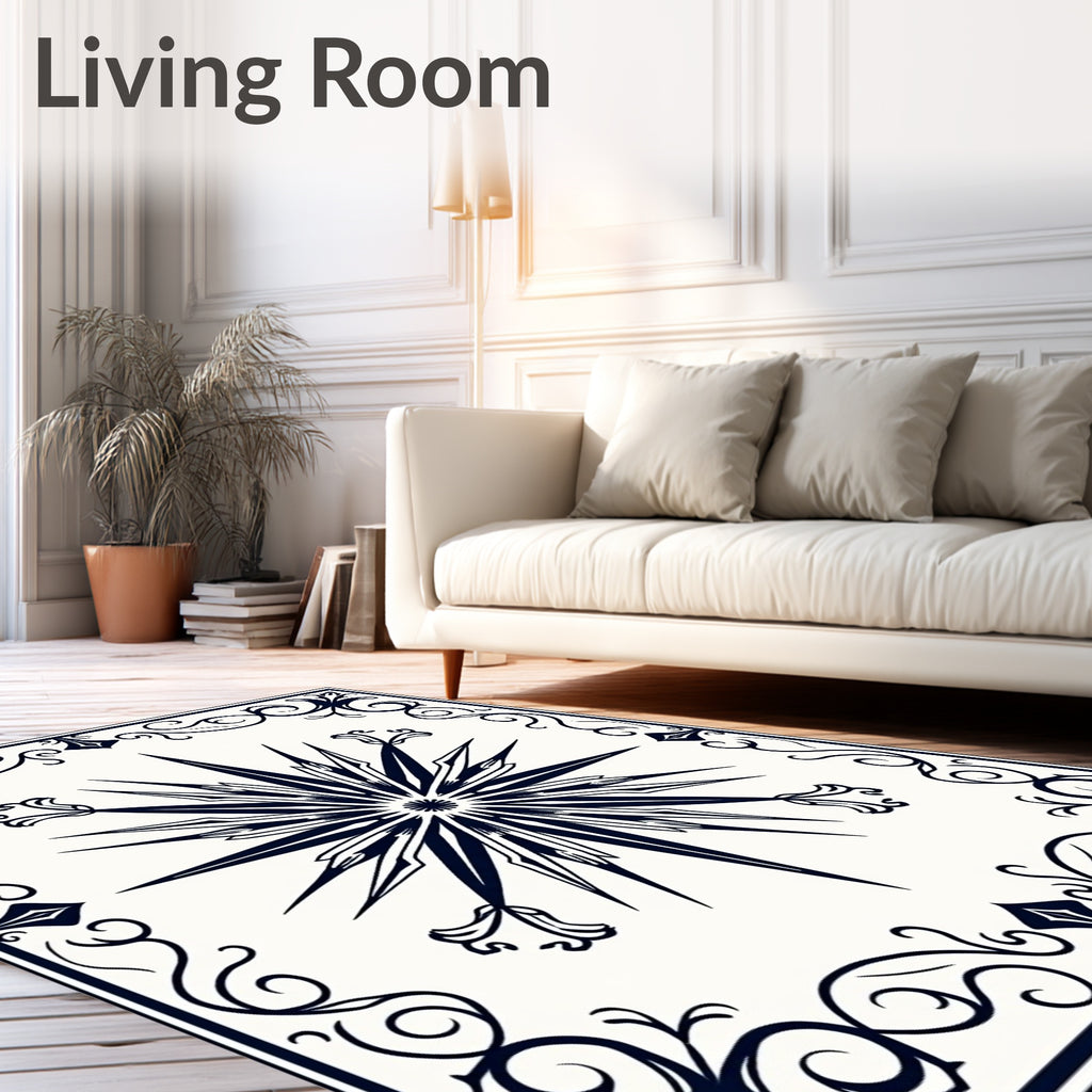Navy Starburst Scrollwork Border Rug