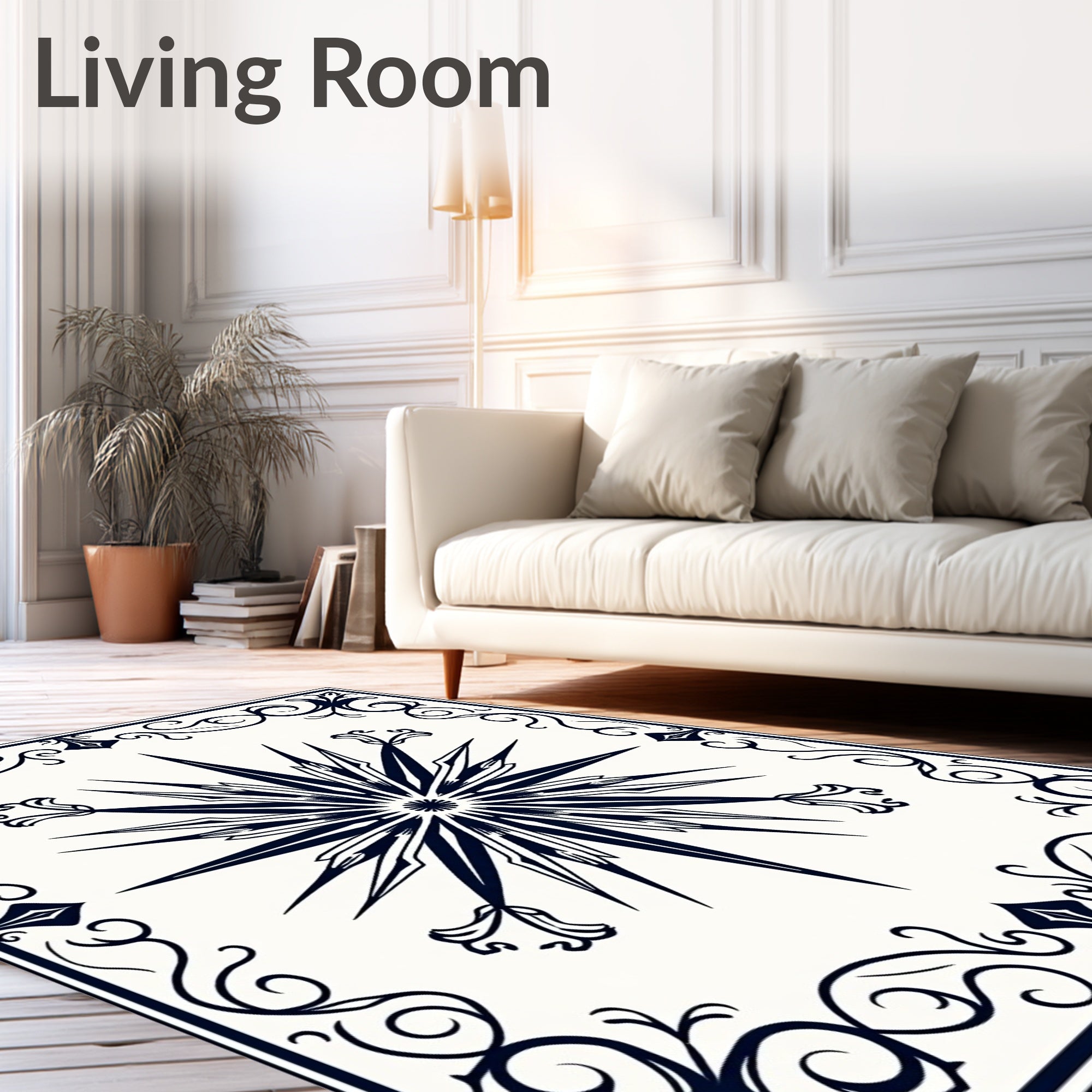 Navy Starburst Scrollwork Border Rug