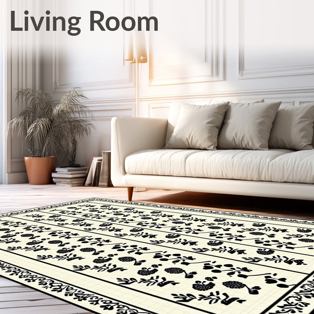 Cream Black Floral Vine Stripes Rug