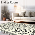 Cream Black Floral Vine Stripes Rug